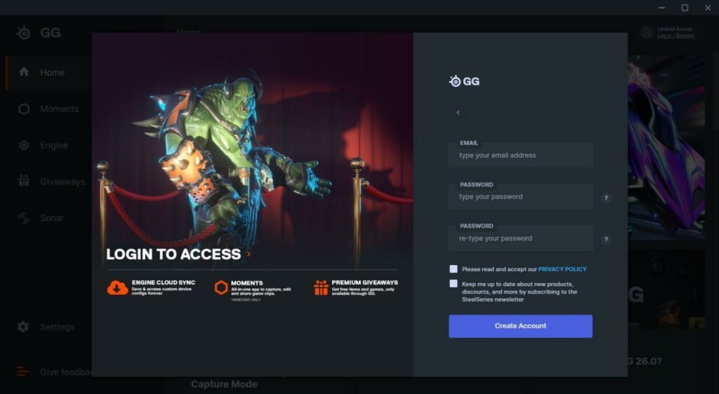create your steelseries moments account