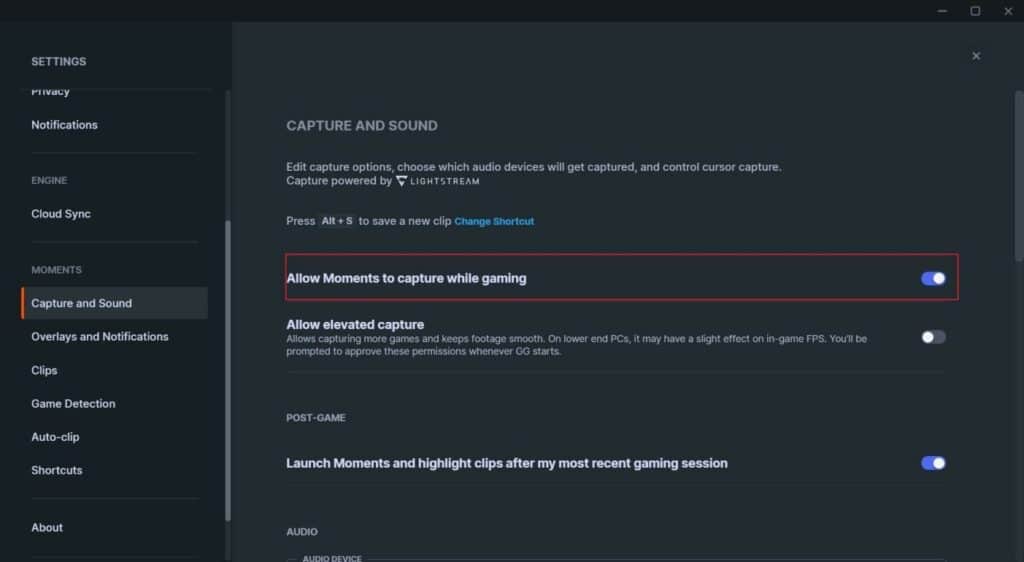 enable allow moments to capture option