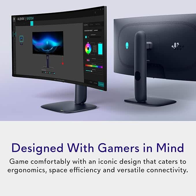 Alienware ultrawide gaming monitor with ergonomic design and color calibration software on screen